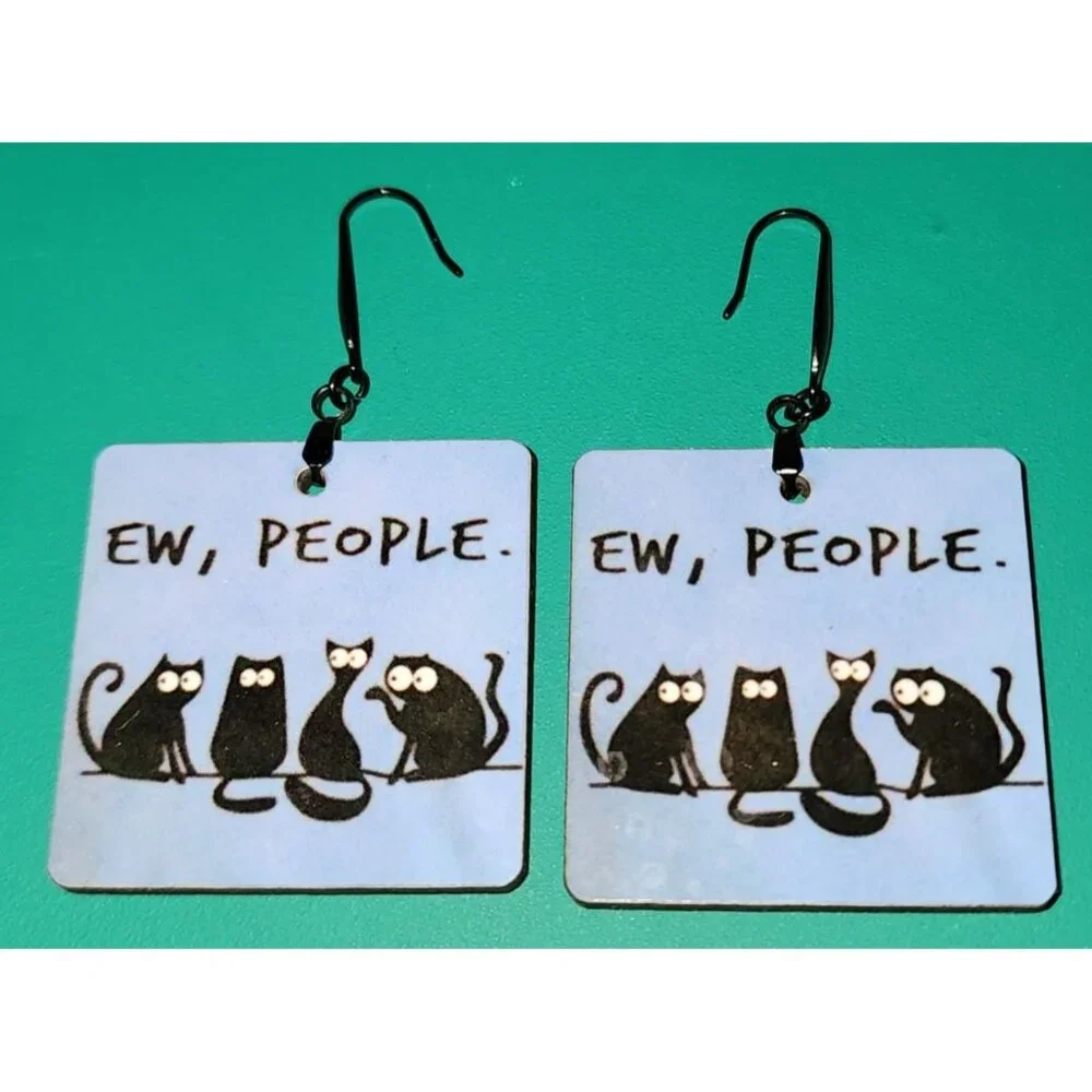 Women's Fashion Jewelry Ew, People Black Cat's Square Earrings Dangle Blue Black - Picture 2 of 4